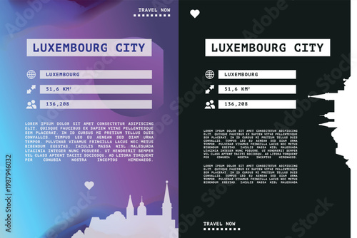 Luxembourg vector infographics, brochure layout set. Guide, leaflet, flyer, graphic templates with text, information, data, city skyline shape. Mock up, copy space images series