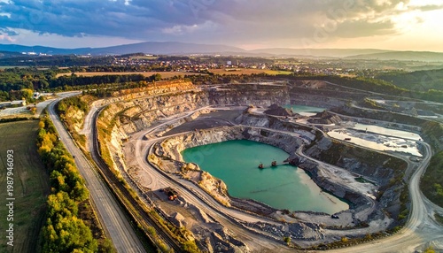 Aerial View of Quarry Landscape at Sunset.