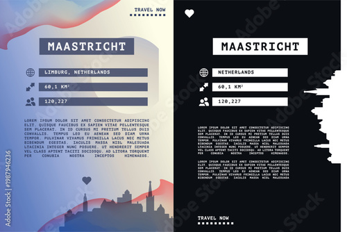 Maastricht, Netherlands vector infographics, brochure layout set. Guide, leaflet, flyer, graphic templates with text, information, data, city skyline shape. Mock up, copy space images series