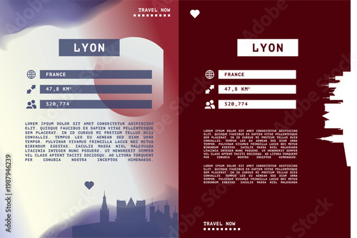 Lyon, France vector infographics, brochure layout set. Guide, leaflet, flyer, graphic templates with text, information, data, city skyline shape. Mock up, copy space images series
