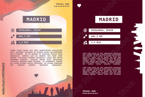 Madrid, Spain vector infographics, brochure layout set. Guide, leaflet, flyer, graphic templates with text, information, data, city skyline shape. Mock up, copy space images series