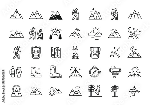 Collection of camping and hiking essential symbols and icons