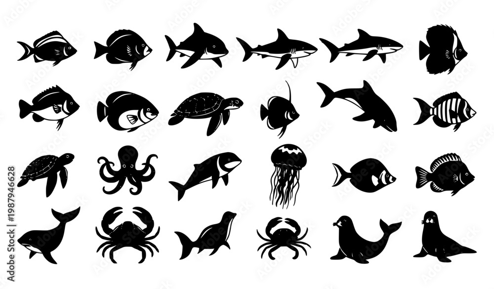 Fototapeta premium Ocean Animal Silhouette Set Marine Life Vector Collection