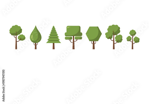 Illustrations of various stylized tree types in a simple design format