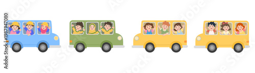 Illustration of a set of children on a sightseeing bus