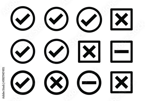 Grid of symbols with checkmarks, crosses, and equal signs in circular and square formats