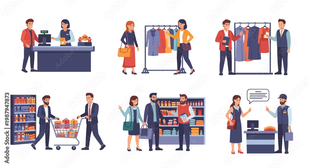 Obraz premium Shopping scenes: people buying clothes, groceries, and paying at checkout