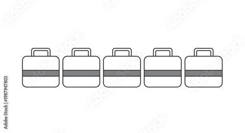 A simple illustration depicts five identical rectangular suitcases aligned in a horizontal row