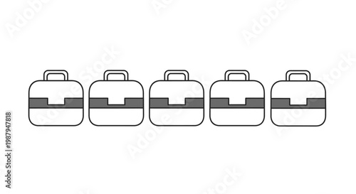 A simple black and white illustration depicts five identical rectangular suitcases in a row