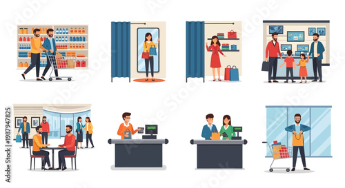 Shopping mall scenes: people shopping, trying clothes, at checkout, cafe, and more