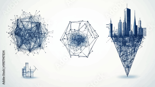 Abstract blue ink sketches of geometric forms, including a cityscape, spheres, and crystalline structures