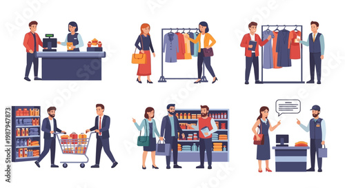 Shopping scenes: people buying clothes, groceries, and paying at checkout