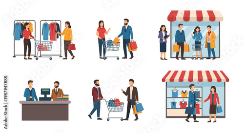 Shopping Scene: People buying clothes, groceries, and gifts in stores and market stalls.