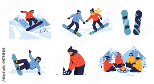 Snowboarding Fun: Action, Friends, and Campfire Scenes