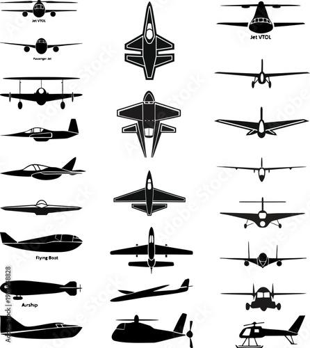 various airplane silhouettes Collection on a white background, showcasing different types of aircraft from fighter jets to propeller planes.