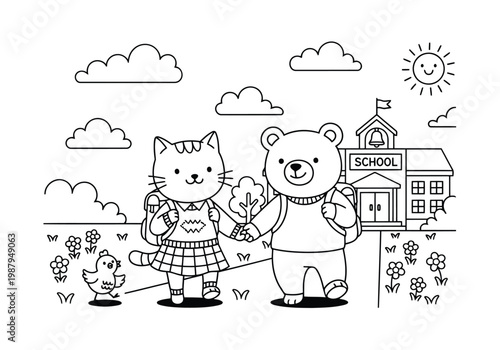 Cartoon animals heading to school on a bright sunny day