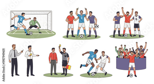 Soccer Game Action: Players, Referee, Fans, and Coaches Illustrate Football Match Dynamics