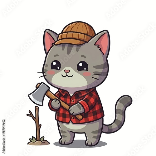 Cute Kawaii Cat Lumberjack Wearing Plaid Shirt and Beanie Holding an Axe - Chibi Gray Kitten Woodcutter Cartoon Illustration