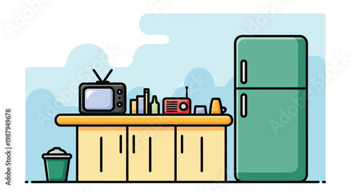 A colorful cartoon illustration depicts a vintage kitchen setup with appliances and decor