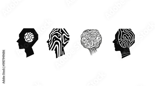 Four illustrations depicting the human brain, showing different conceptual representations
