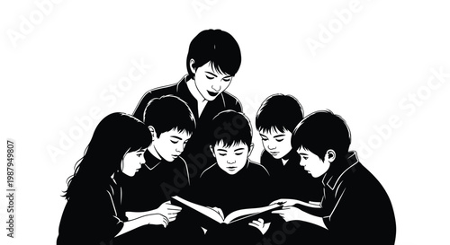 A teacher and students gathered closely around an open book