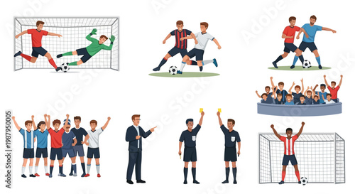 Soccer Game Action: Players, Referee, Fans, Goal, Yellow Card, Celebration
