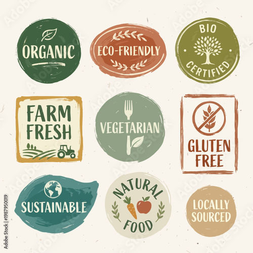 Organic Eco Label Set – Hand Painted Natural Food Badges and Green Branding Design