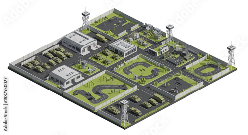 An isometric military base illustration presents a 3D vector design, depicting buildings, vehicles, and infrastructure within a fortified perimeter, all rendered in a detailed isometric