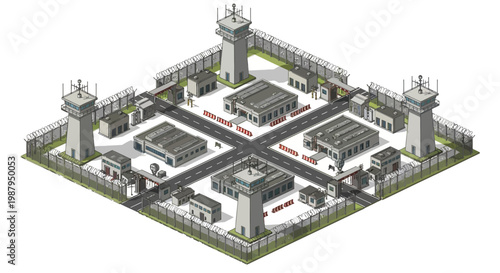 This 3D isometric military design features a fortified base with watchtowers, buildings, and a perimeter fence, providing a detailed illustration of a secure military compound, a vector