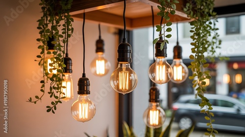 A collection of hanging light bulbs with green vines in an urban indoor setting