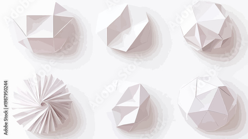 Overhead shot of six abstract paper sculptures. Light and shadow create depth and dimension