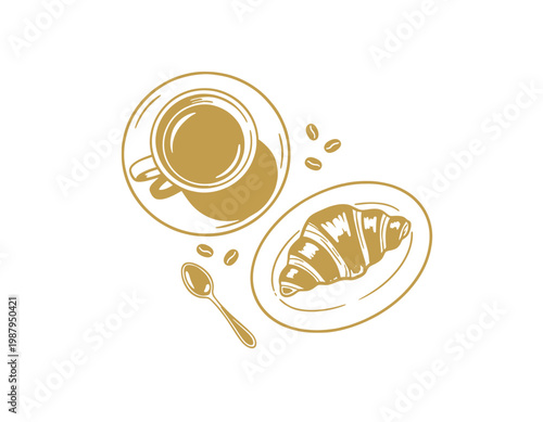 Coffee cup croissant sketch, breakfast illustration, cafe bakery hand drawn line art, morning food beverage, gold vintage vector design