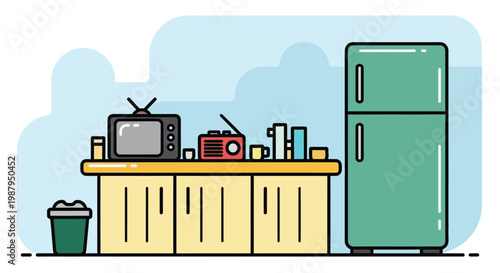 A stylized illustration depicts a kitchen counter with appliances and a full wastebasket