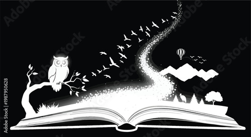 An open book releases a swirl of birds an owl and a landscape