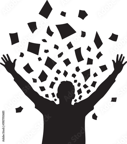 Black silhouette, man throwing papers, joyful gesture, celebration vector