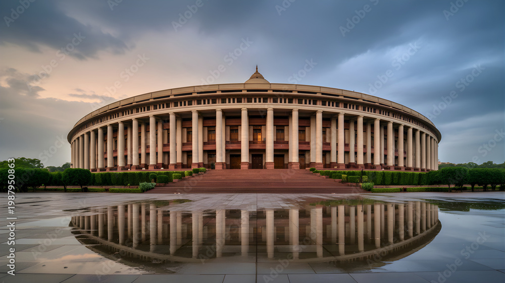 Fototapeta premium Indian Parliament House Wide Angle View with Reflection Under Overcast Sky