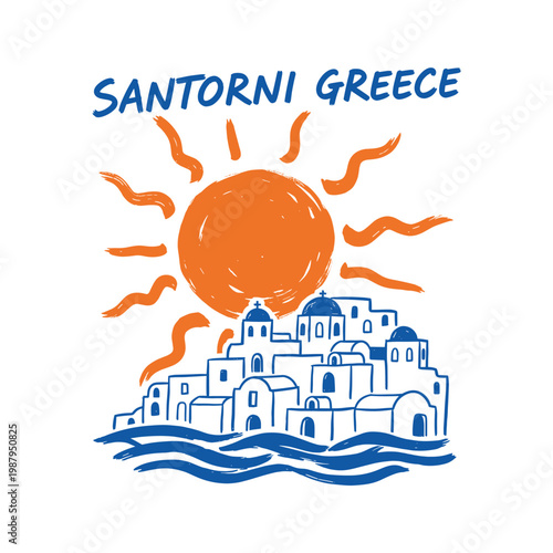 Canvastavla Santorini Greece, sunset illustration, Mediterranean travel, Aegean sea, coastal