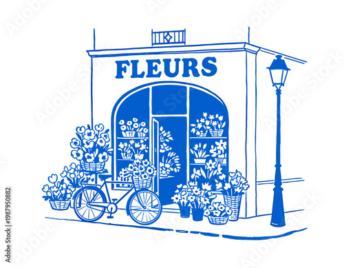 French flower shop, vintage fleur storefront, blue line art, bike with flowers, parisian street, florist, boutique, sketch, floral design