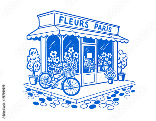 French flower shop, vintage fleur storefront, blue line art, bike with flowers, parisian street, florist, boutique, sketch, floral design