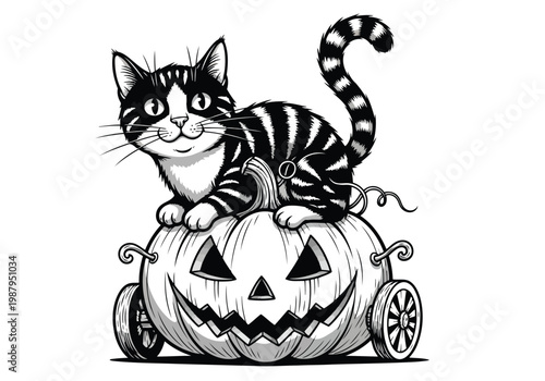 Halloween-themed cat pulling a jack-o'-lantern cart with playful kitten companion