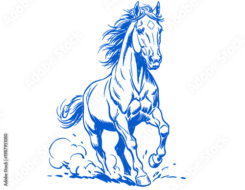 Blue horse illustration, running stallion, galloping equine sketch, hand drawn wild mustang, animal art, ranch life, western, ink drawing