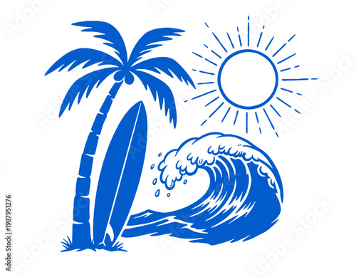 Vintage camper van, surf bus, beach life, palm trees, ocean waves, surfing, summer travel, retro illustration, tropical vacation print