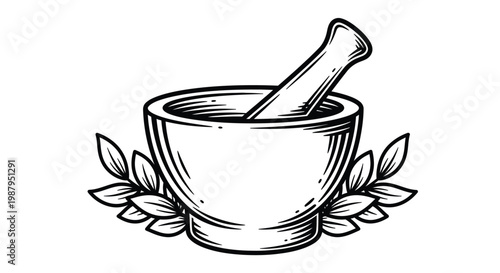 A vintage style illustration depicts a mortar and pestle adorned with laurel leaves