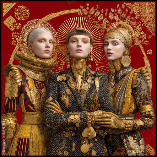 Three women wearing elaborate golden outfits with red background  