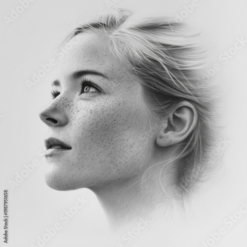 Young woman with freckles looking thoughtfully to the side in grayscale  