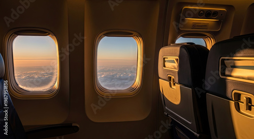 The interior of an airplane with a view of the sky and land through the windows during sunset