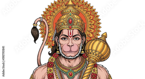 Detailed illustration of Hanuman, a revered Hindu deity, holding a golden mace and adorned with traditional jewelry during the Hanuman Jayanti Festival, set against a stark white backdrop