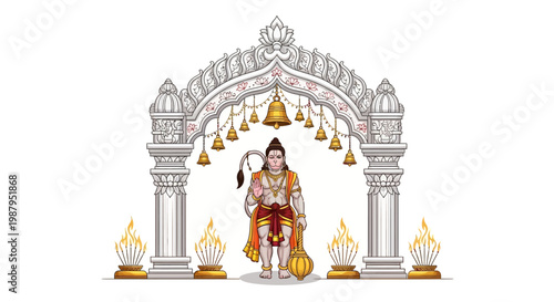 Illustrated depiction of Lord Hanuman, a revered figure in the Hanuman Jayanti Festival, standing under an ornate, arched gateway adorned with bells, set against a clean white backdrop