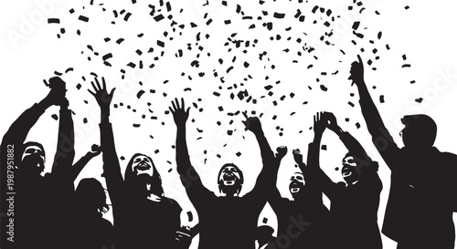 Black silhouette people throwing confetti, celebration vector graphics, party crowd icons, festive illustrations
