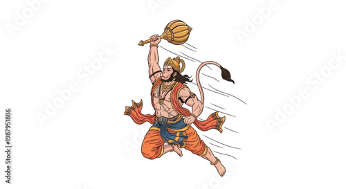 Illustrated depiction of Hanuman, an important Hindu deity, leaping forward with a mace raised high, set against a clean white background, celebrating the Hanuman Jayanti Festival
